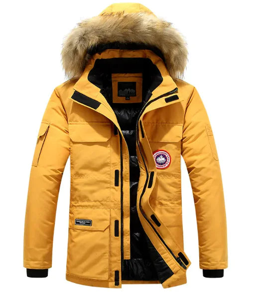Men's Winter Quilted Jacket in yellow with fur hood and pockets for warmth and style.