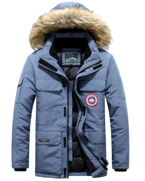 Men's Winter Quilted Jacket with fur-lined hood and quilted design for warmth and style.
