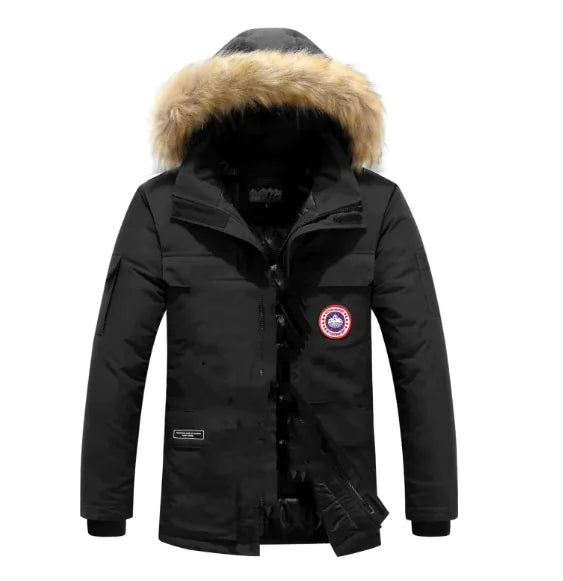 Men's Winter Quilted Jacket with fur-lined hood, perfect for cold weather and stylish outdoor wear.